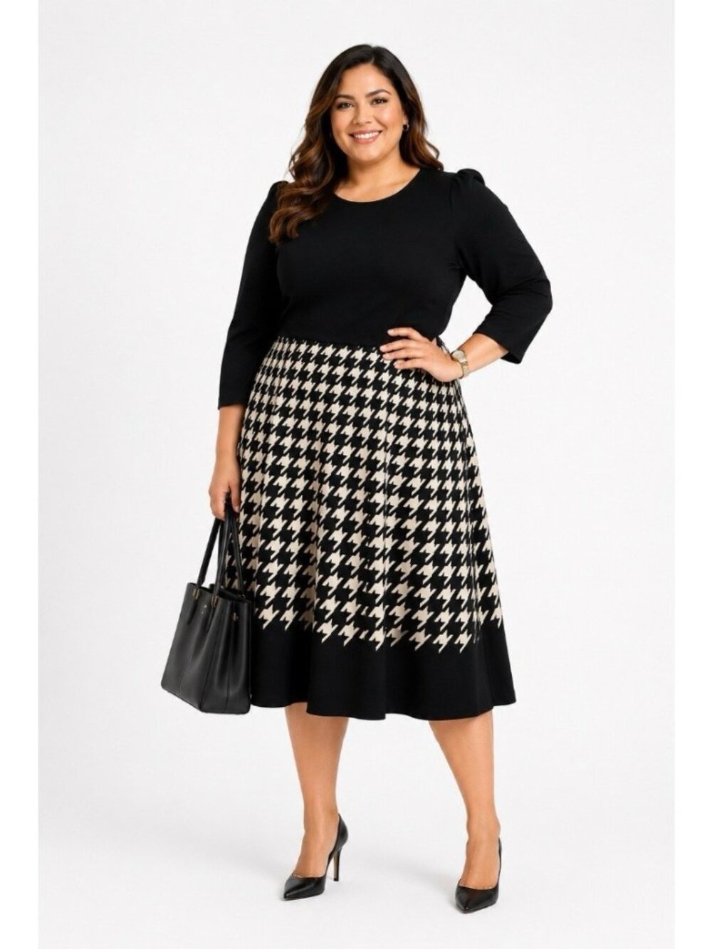 Danny Nicole Fit & flare Dress Black Beige Houndstooth 3/4 Sleeve Size XL NEW